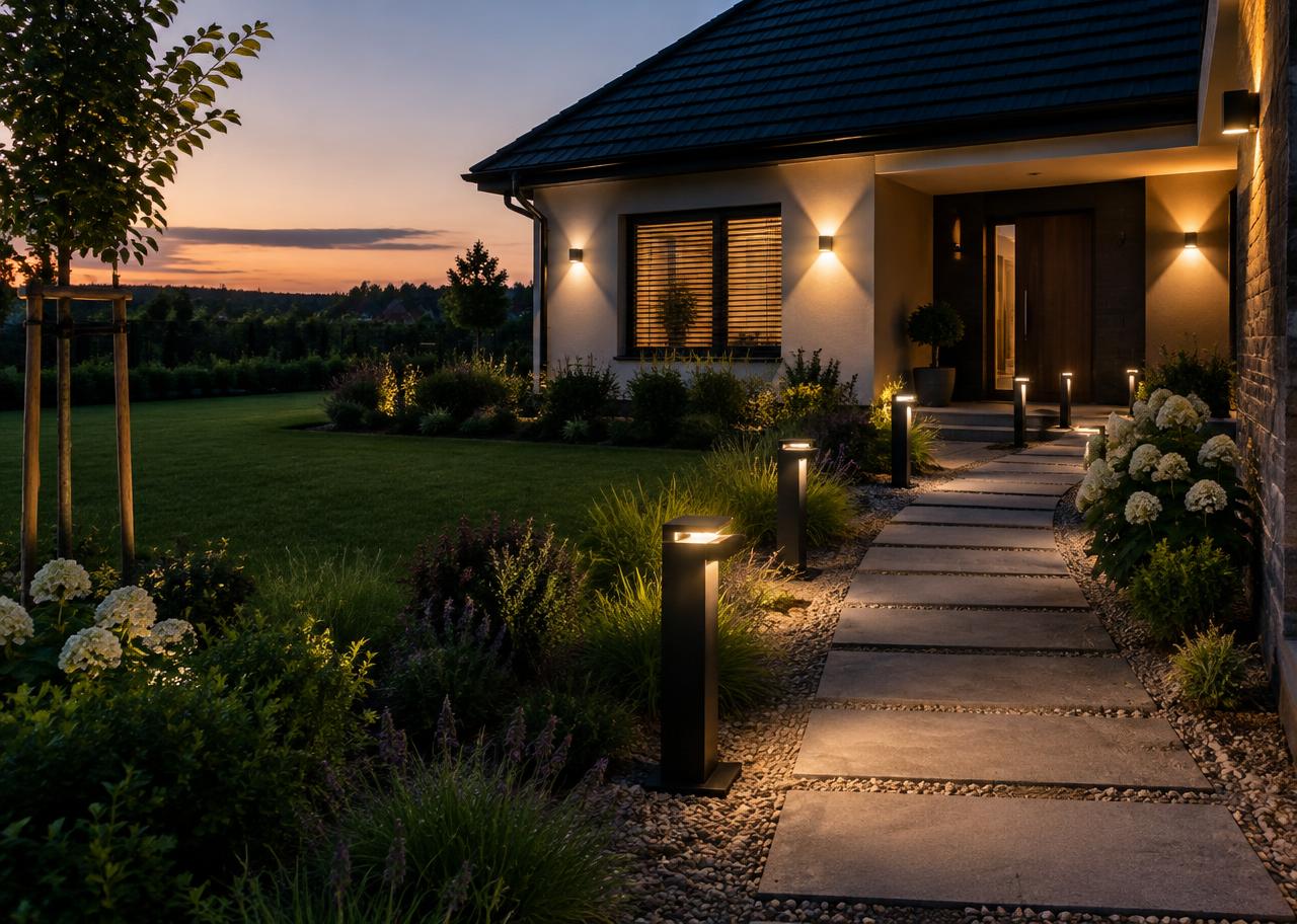 Casa e jardim ao entardecer com balizadores e aplicações de parede