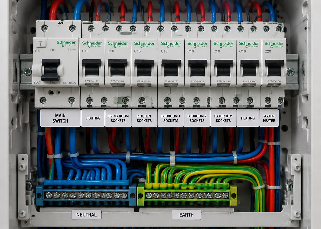 Quadro elétrico organizado com circuitos identificados