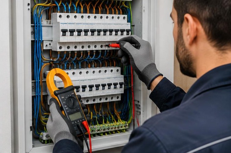 Imagem ilustrativa: Verificação de um quadro elétrico com equipamento de medição