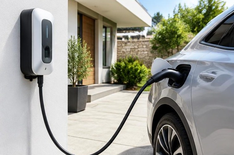 Imagem ilustrativa de um veículo elétrico ligado a um carregador doméstico