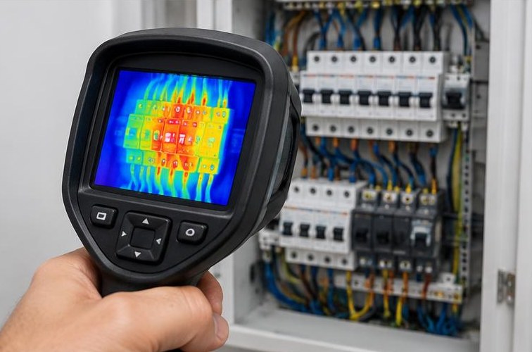 Imagem ilustrativa: Câmara termográfica a analisar um quadro elétrico